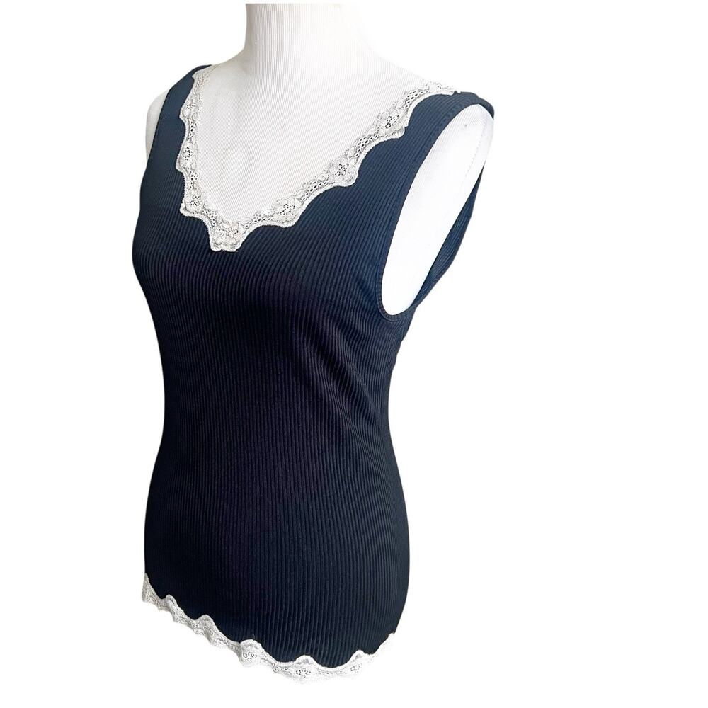 Lace Trim Ribbed Camisole Tank Black Cream Y2K Size M/L Fairy Grunge - Picture 3 of 9